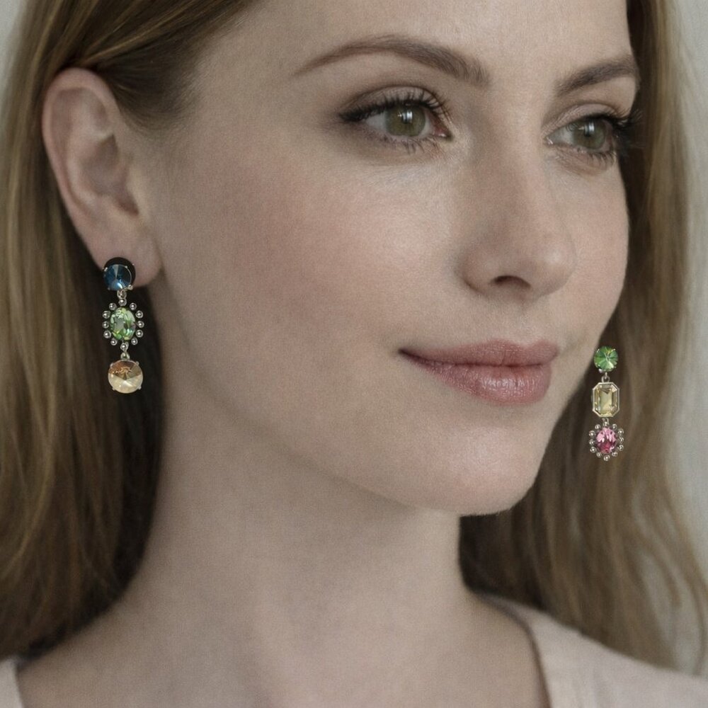 NIB $479 Oscar De La Renta Mismatched Bold Crystal Clip On Earrings Multicolor